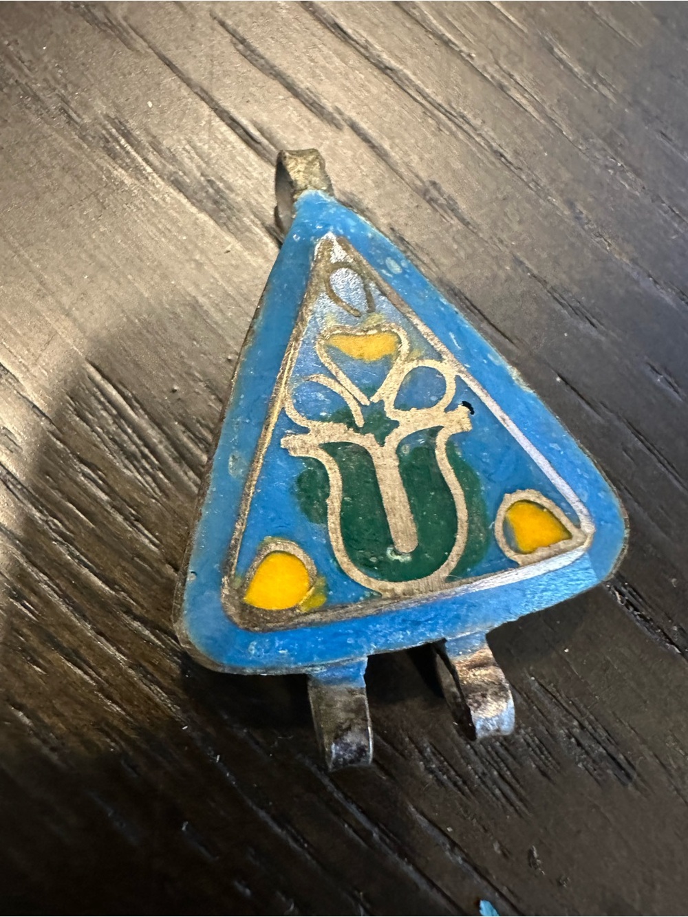 Vintage Cloisonné Enamel Triangle Pendant • Blue Tulip Motif • Silver Back • Mul